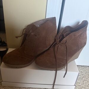 MIA Brown Suede Lace-Up Wedge Ankle Booties